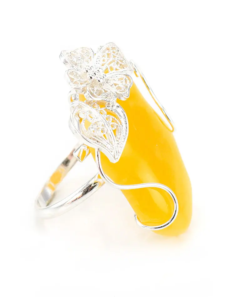 картинка Крупное серебряное кольцо с натуральным насыщенно-медовым янтарем «Филигрань» в онлайн магазине