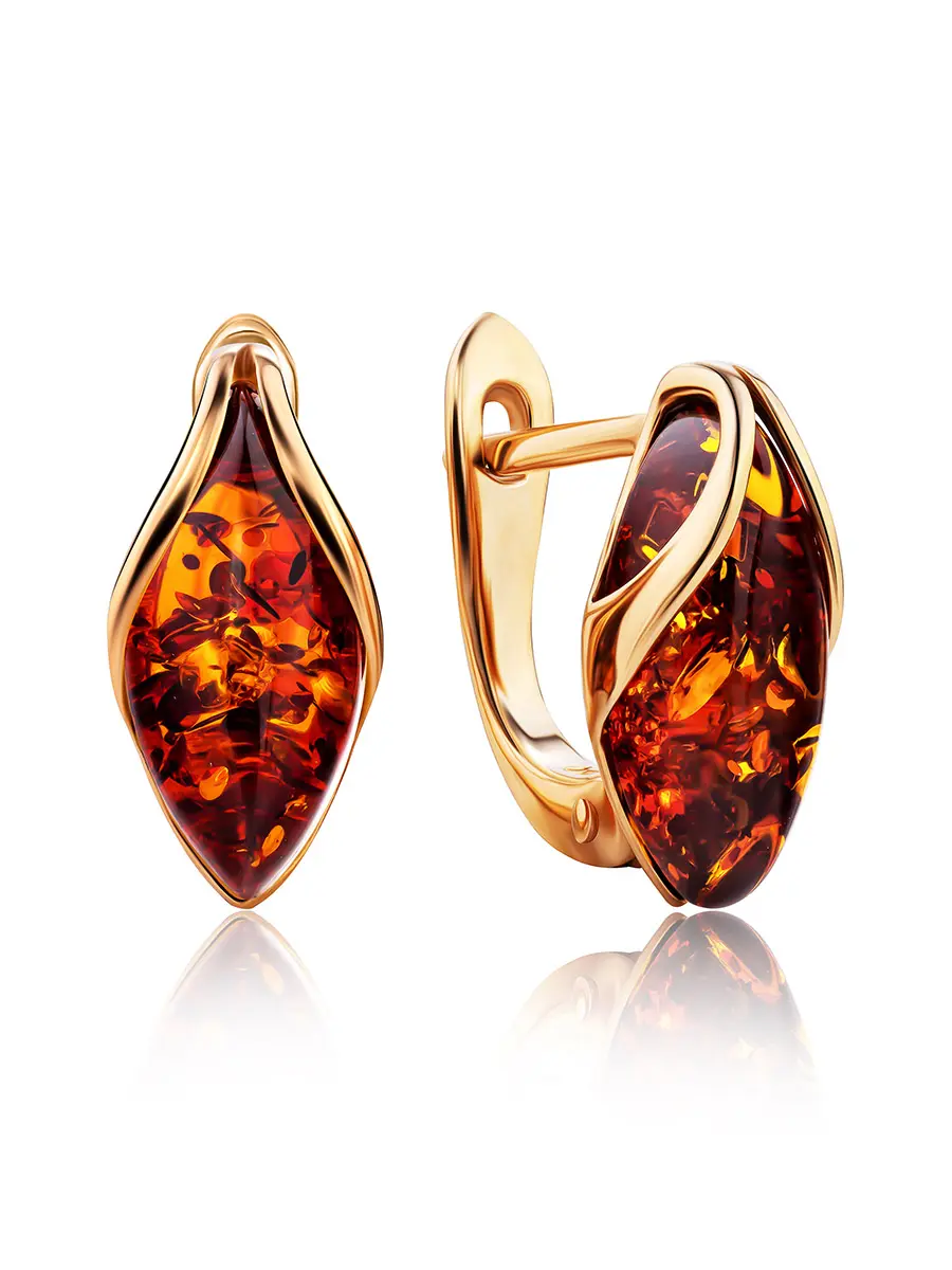 картинка Миниатюрные яркие серьги с тёмно-коньячным янтарём «Подснежник» в онлайн магазине