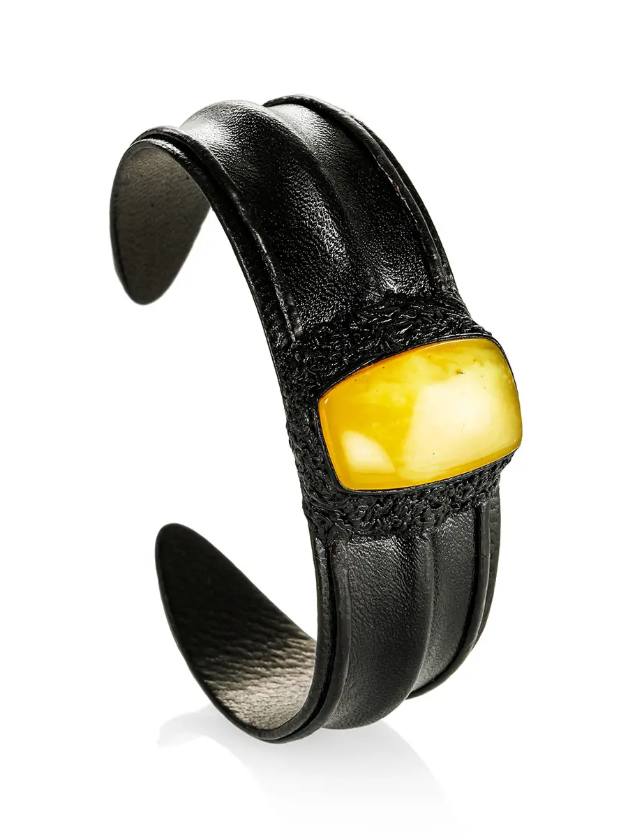 картинка Браслет из чёрной натуральной кожи и вставкой из медового янтаря в онлайн магазине