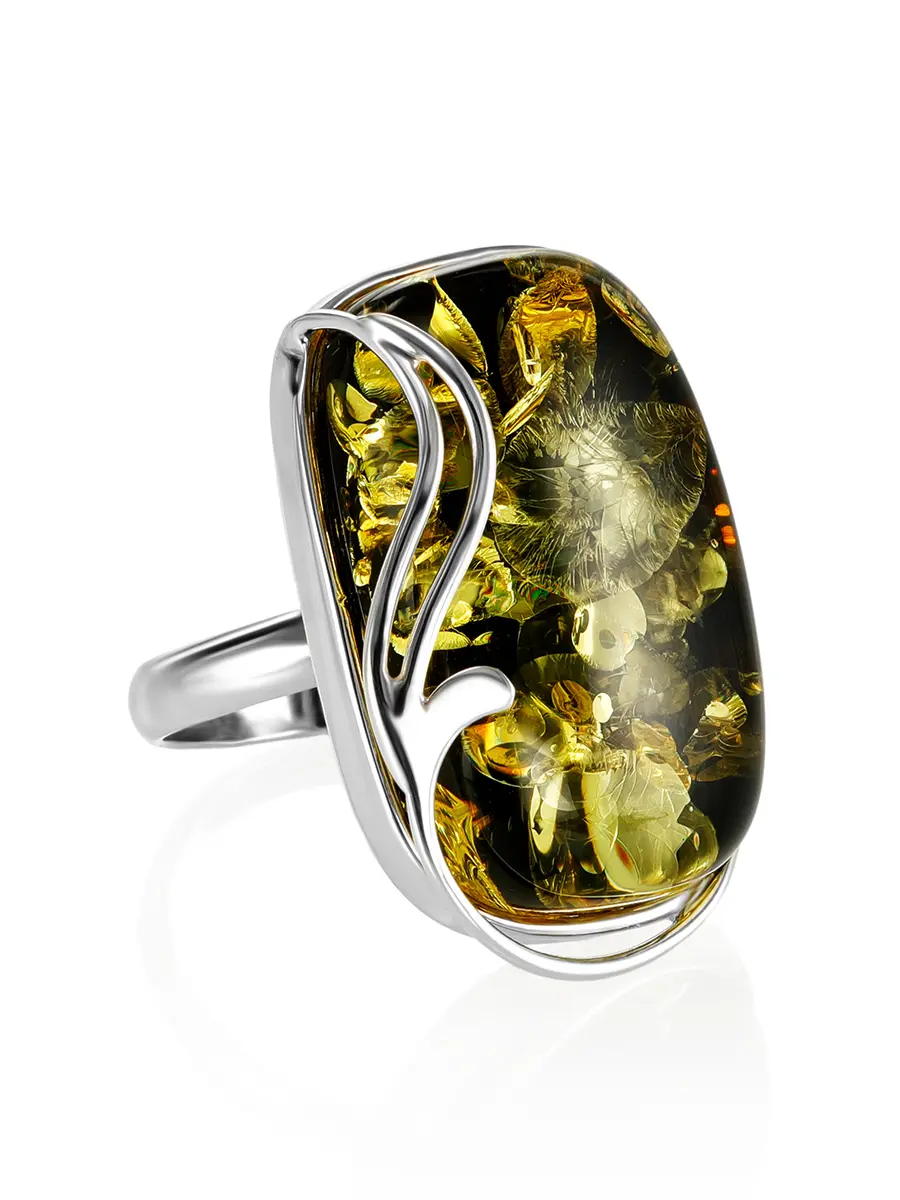 картинка Нарядное серебряное кольцо с натуральным янтарём зелёного цвета «Маньяна» в онлайн магазине