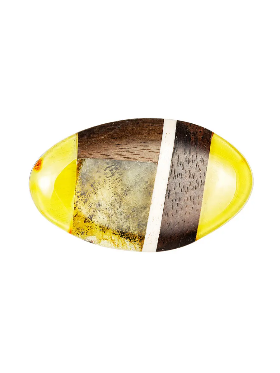 картинка Эффектная овальная брошь из дерева с янтарём «Индонезия» в онлайн магазине