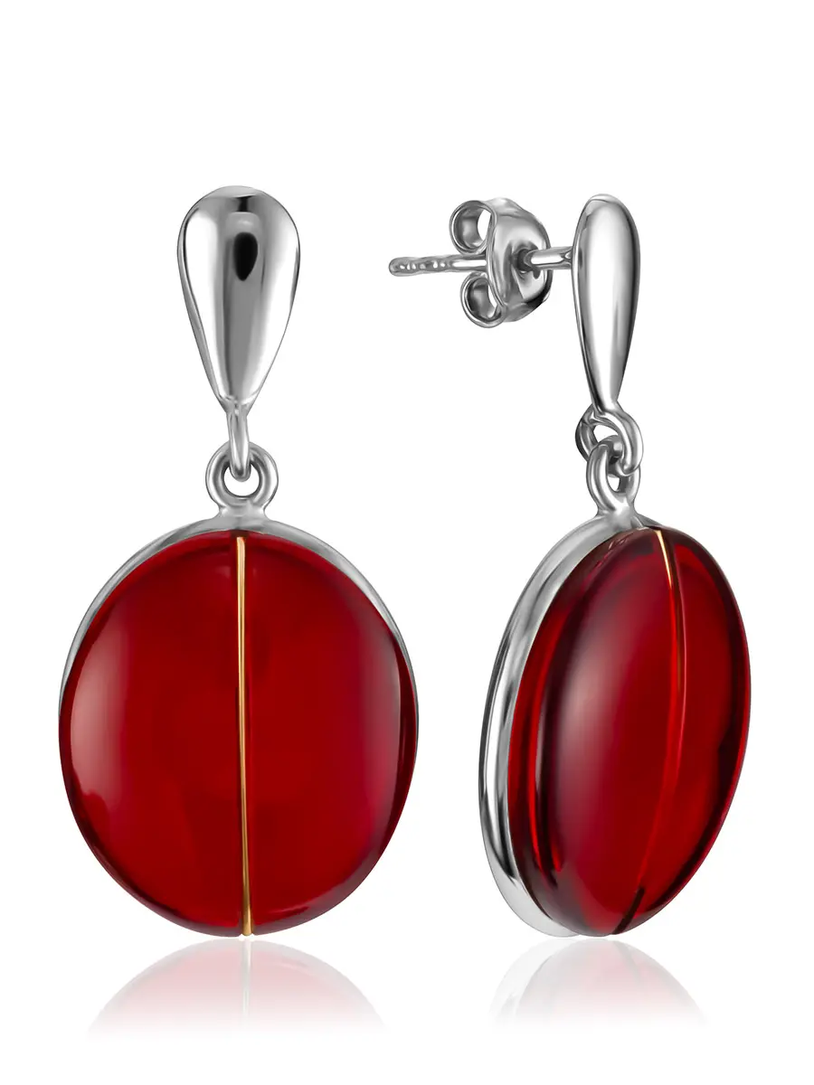картинка Очаровательные серьги-гвоздики «Сангрил» из серебра и янтаря красного цвета в онлайн магазине