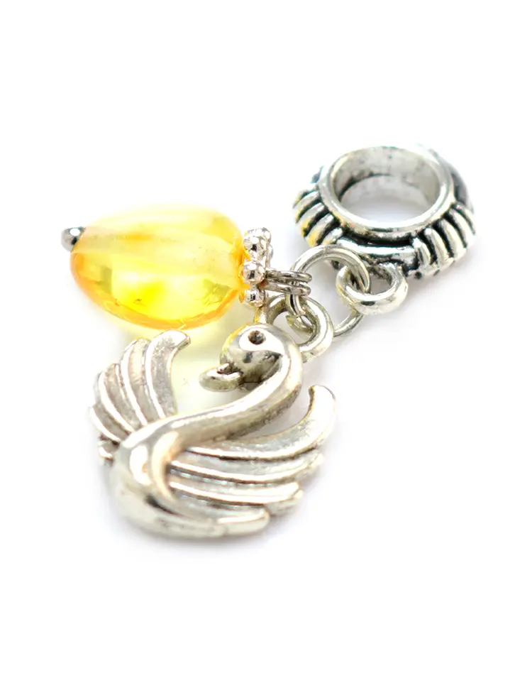 картинка Подвеска-шарм для европейского браслета с натуральным балтийским лимонным янтарём «Лебедь» в онлайн магазине