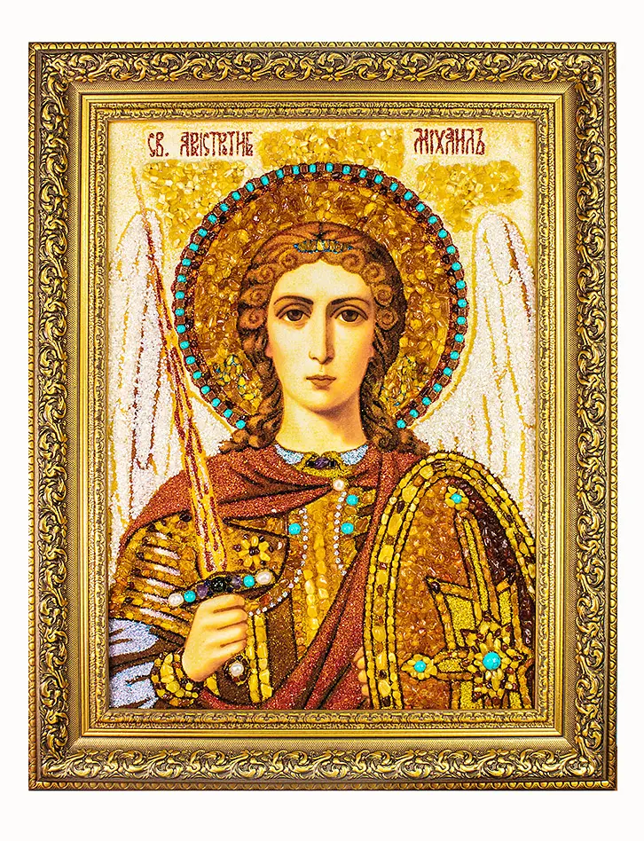 картинка Икона из натурального янтаря, перламутра и самоцветов «Архангел Михаил» в онлайн магазине