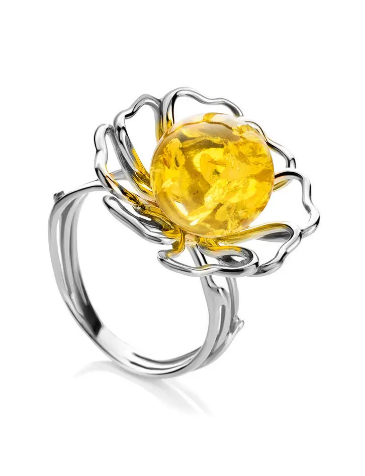 картинка Нежное кольцо «Ромашка» из серебра и янтаря лимонного цвета в онлайн магазине