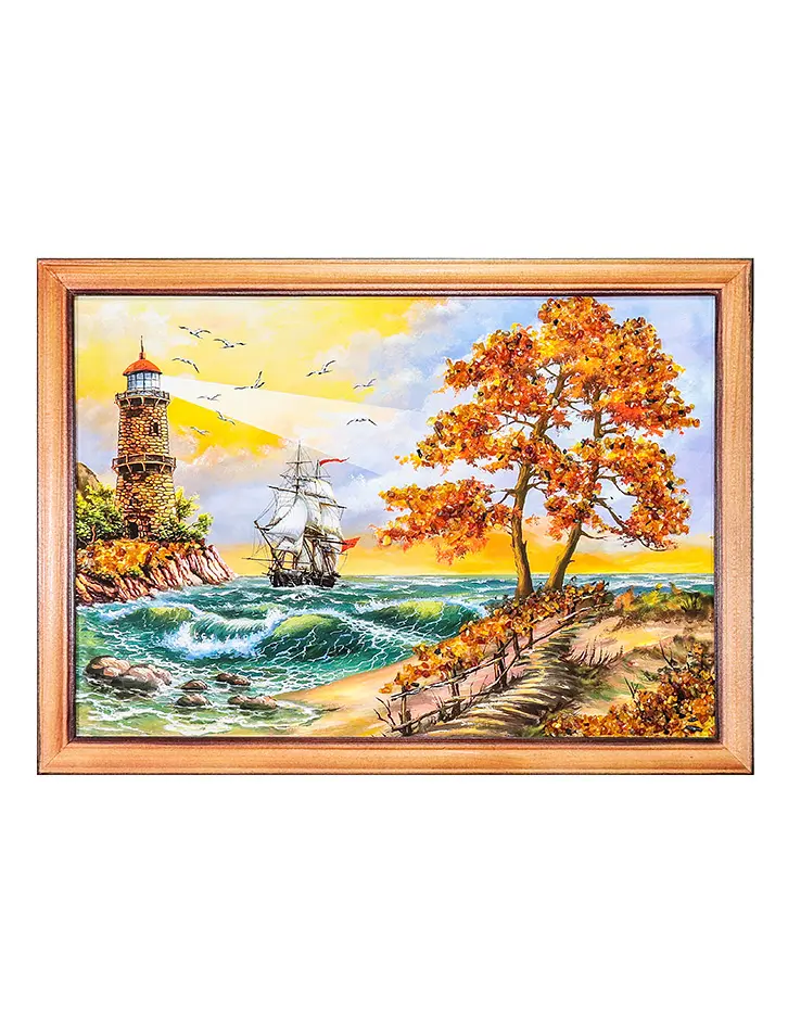 картинка Яркая картина с натуральным янтарём «Рассвет на Балтике» 23 см (В) х 33 см (Ш) в онлайн магазине