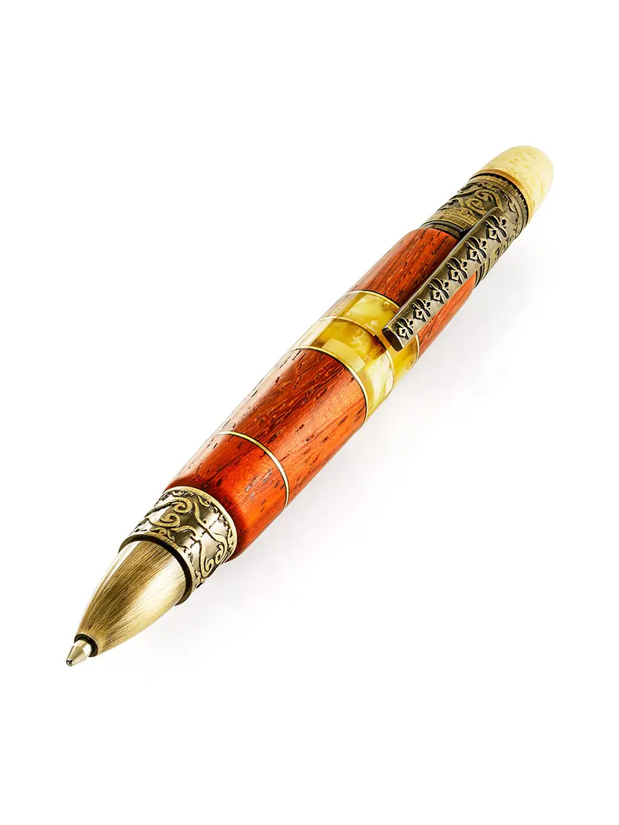 картинка Оригинальная ручка из древесины падука, украшенная натуральным янтарём Spirit в онлайн магазине