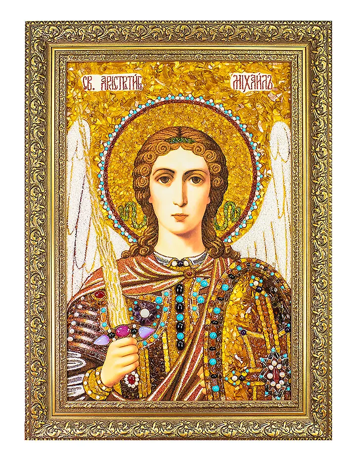 картинка Большая икона «Архангел Михаил» из натурального янтаря и перламутра с самоцветами в онлайн магазине