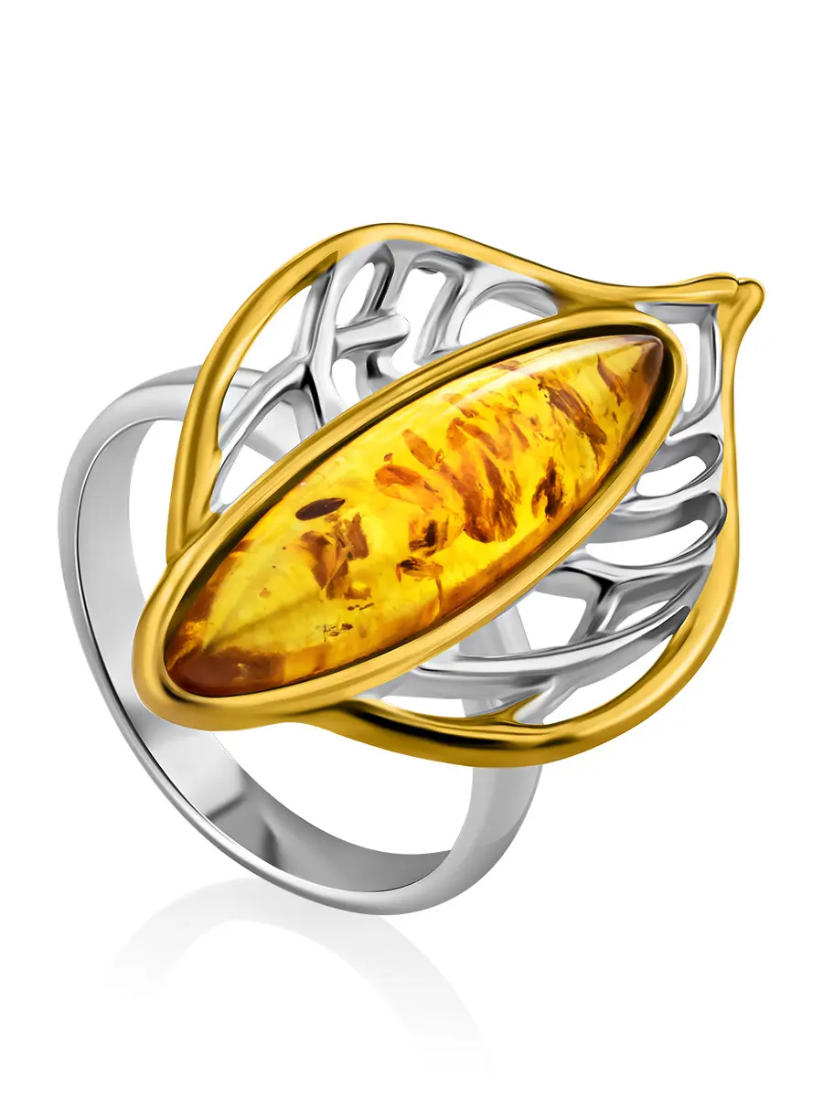 картинка Ажурное серебряное кольцо с янтарём «Листочек» в онлайн магазине