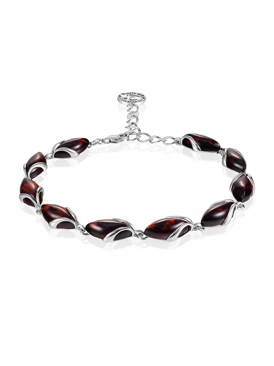 картинка Яркий браслет «Подснежник» с тёмно-вишнёвым янтарём в онлайн магазине