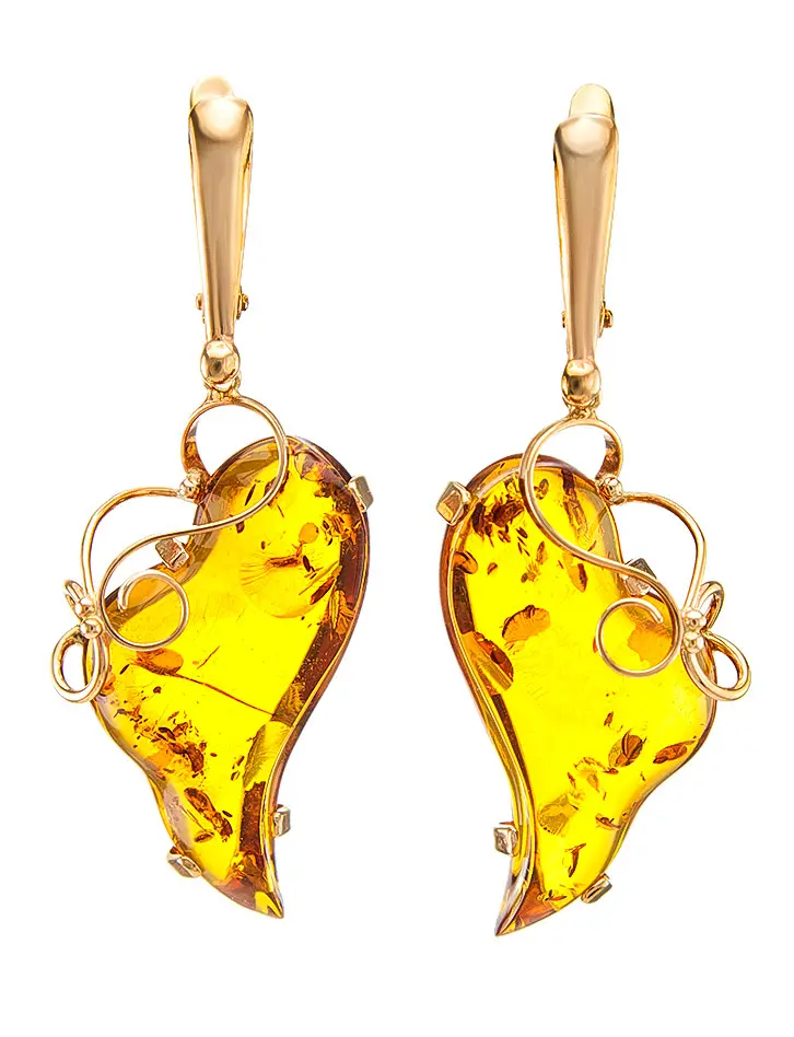 картинка Изящные золотые серьги с натуральным янтарём коньячного цвета «Риальто» в онлайн магазине