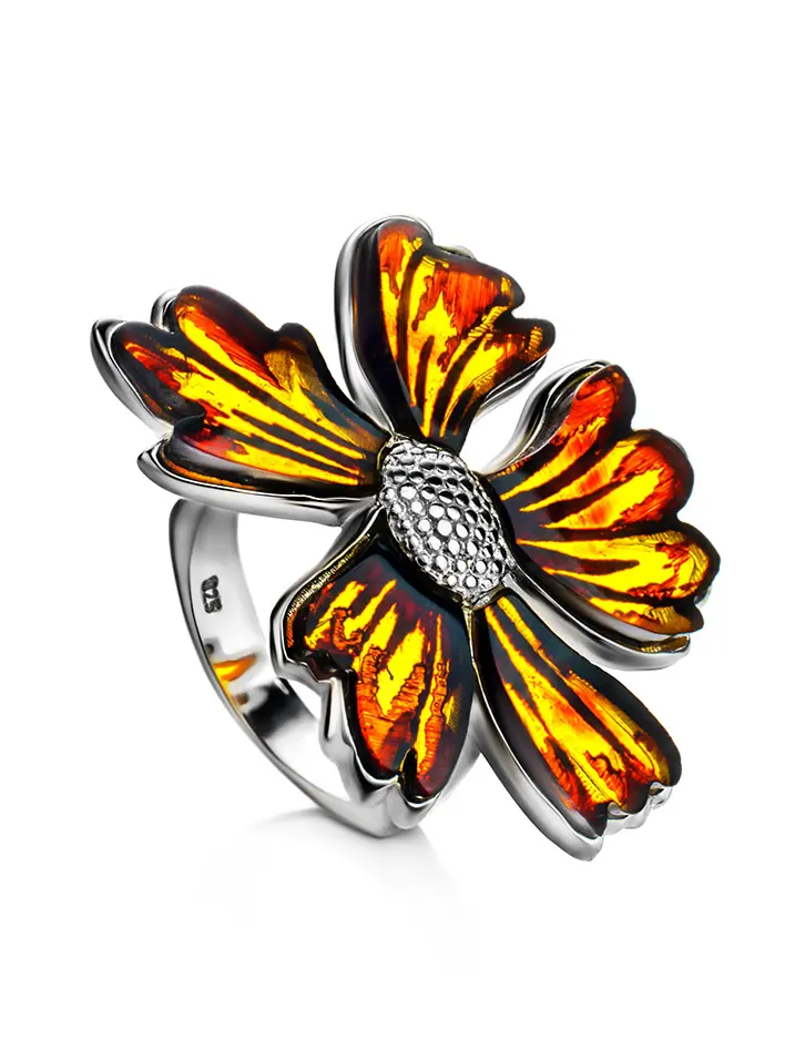 картинка Замечательное кольцо в цветочном дизайне из серебра и янтаря «Апрель» в онлайн магазине