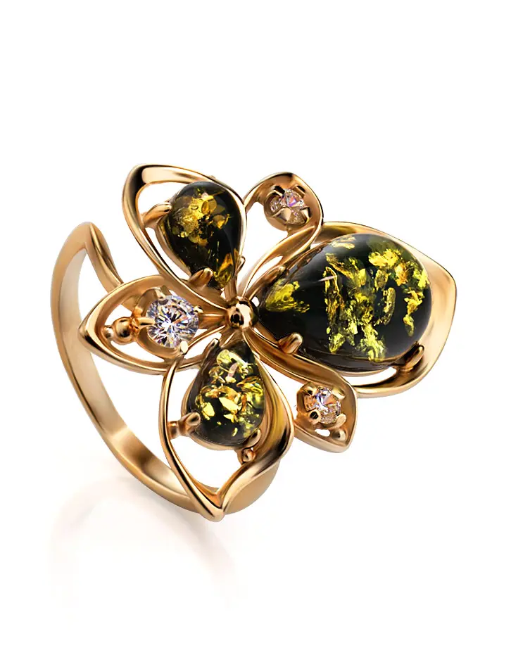 картинка Великолепное кольцо из золота с фианитами и натуральным янтарём «Эдельвейс» в онлайн магазине