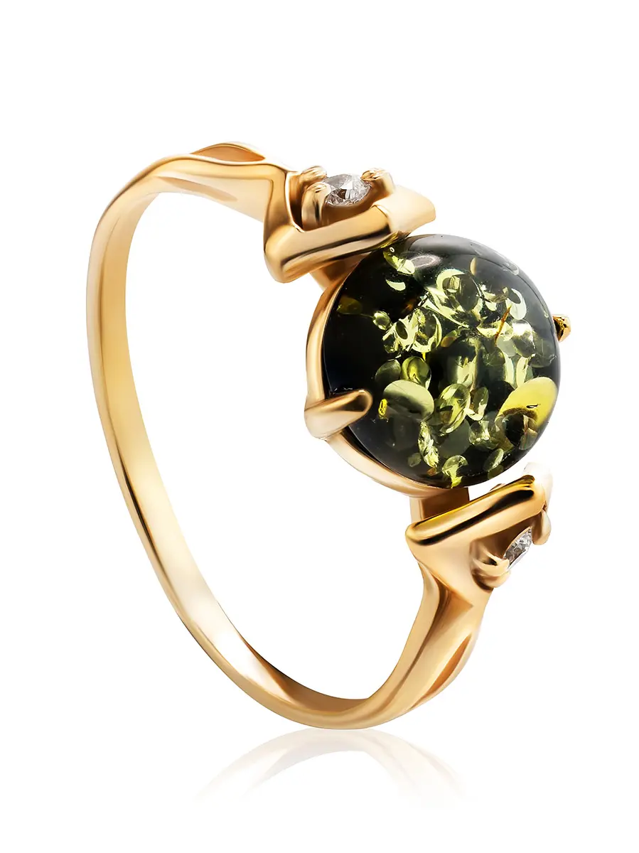 картинка Нежное кольцо из золота с натуральным янтарём зелёного цвета и фианитами «Самбия» в онлайн магазине