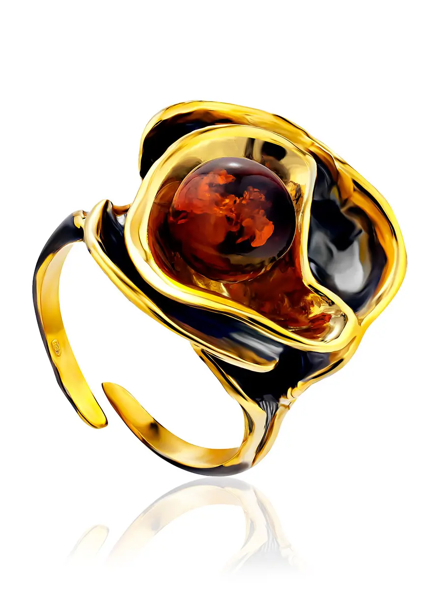 картинка Эффектное кольцо «Турандот» с натуральным янтарём коньячного цвета в онлайн магазине