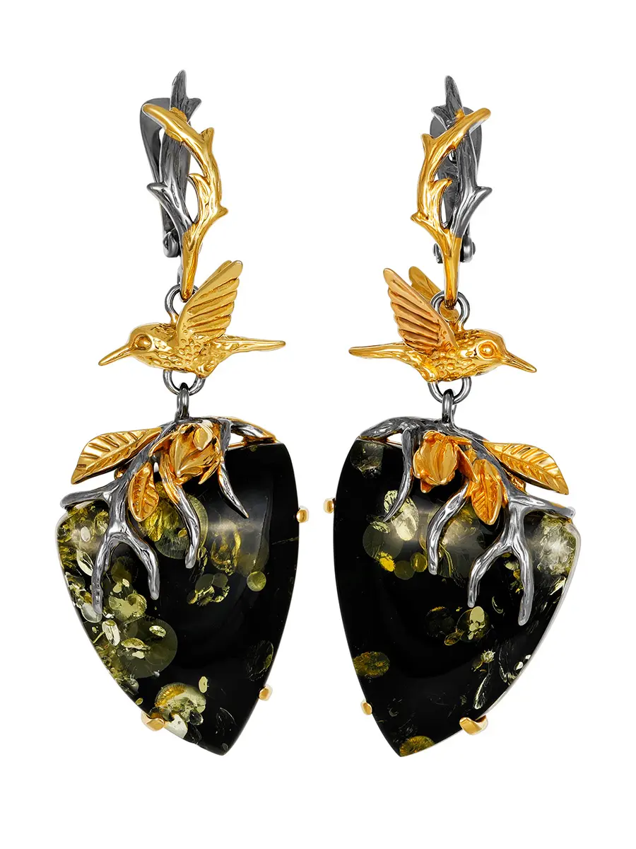 картинка Необычные серьги «Колибри» из зелёного янтаря в золочённом серебре в онлайн магазине