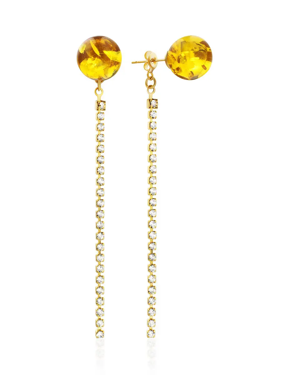 картинка Серьги-трансформеры с натуральным лимонным янтарём, со съёмной дорожкой из кристаллов в онлайн магазине