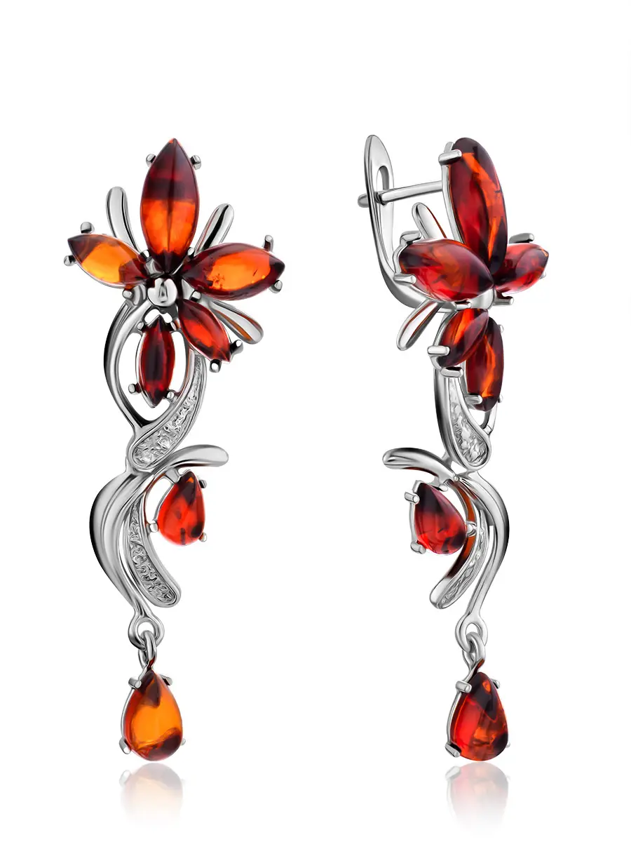 картинка Длинные серьги с натуральным янтарем вишневого цвета в изысканном серебряном обрамлении «Барбарис» в онлайн магазине