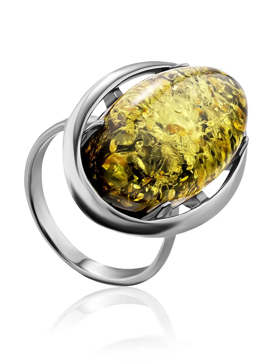 картинка Классическое серебряное кольцо с зелёным янтарём «Элегия» в онлайн магазине