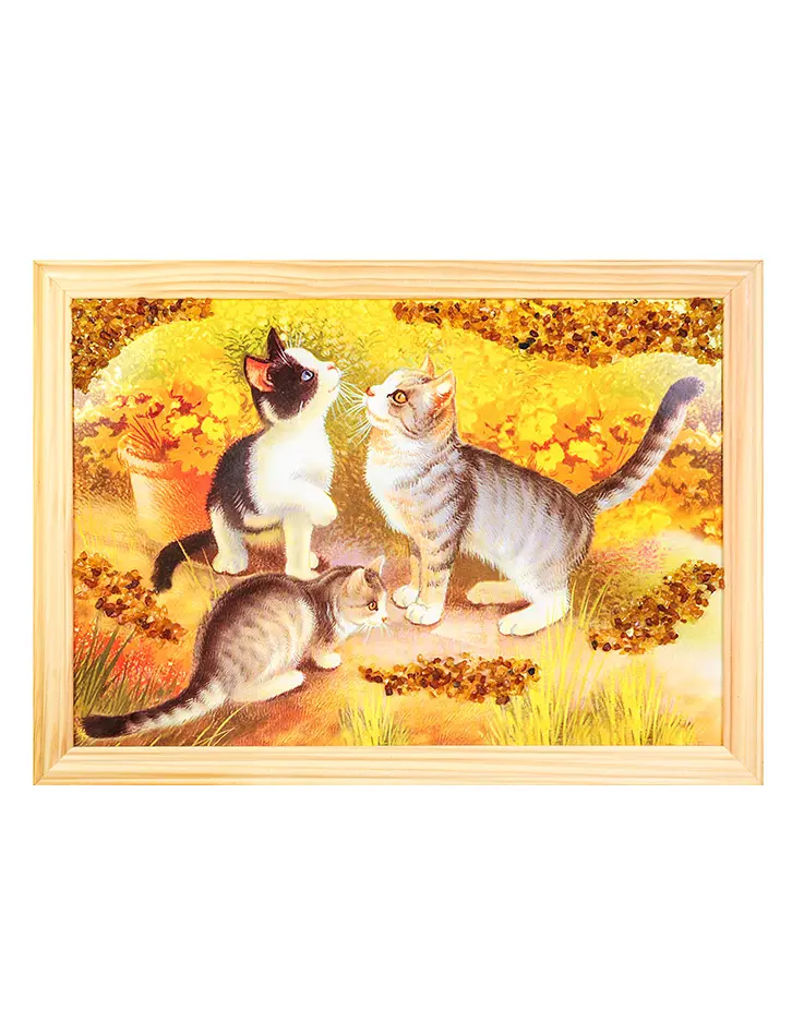 картинка Яркая картина с балтийским янтарём «Семейство кошек» 23 (В) х 32 (Ш)  в онлайн магазине