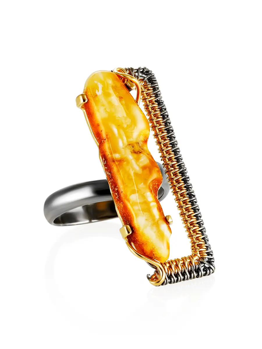 картинка Изысканное кольцо с медовым янтарём в позолоченной скани «Филигрань» в онлайн магазине