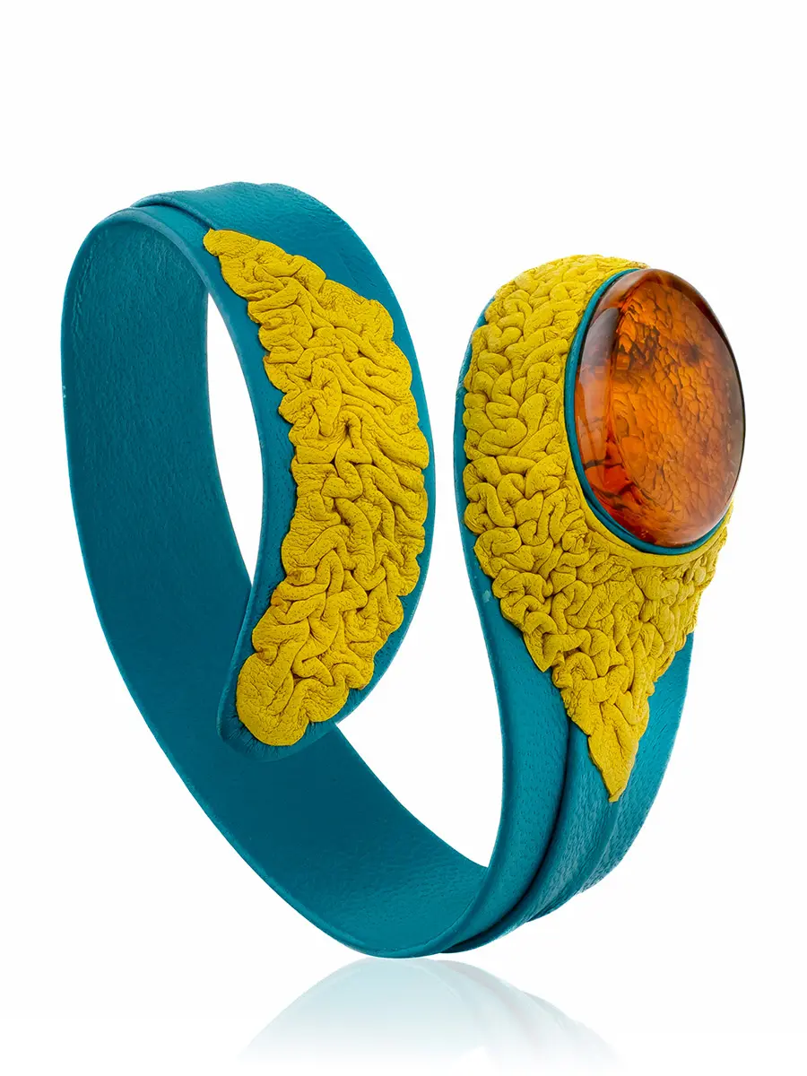 картинка Яркий браслет из кожи бирюзового цвета и натурального янтаря «Змейка» в онлайн магазине