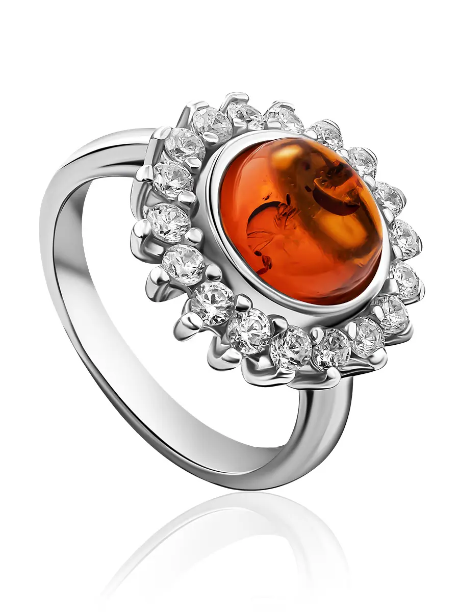 картинка Красивое кольцо из серебра и коньячного янтаря с фианитами «Ренессанс» в онлайн магазине