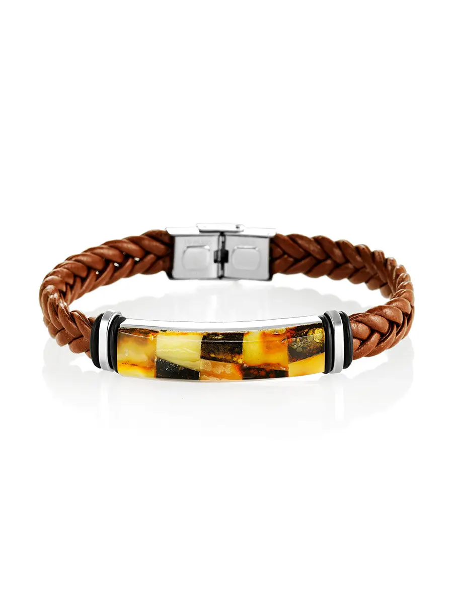 картинка Плетёный браслет из коричневой кожи, украшенный янтарной мозаикой «Сильверстоун» в онлайн магазине