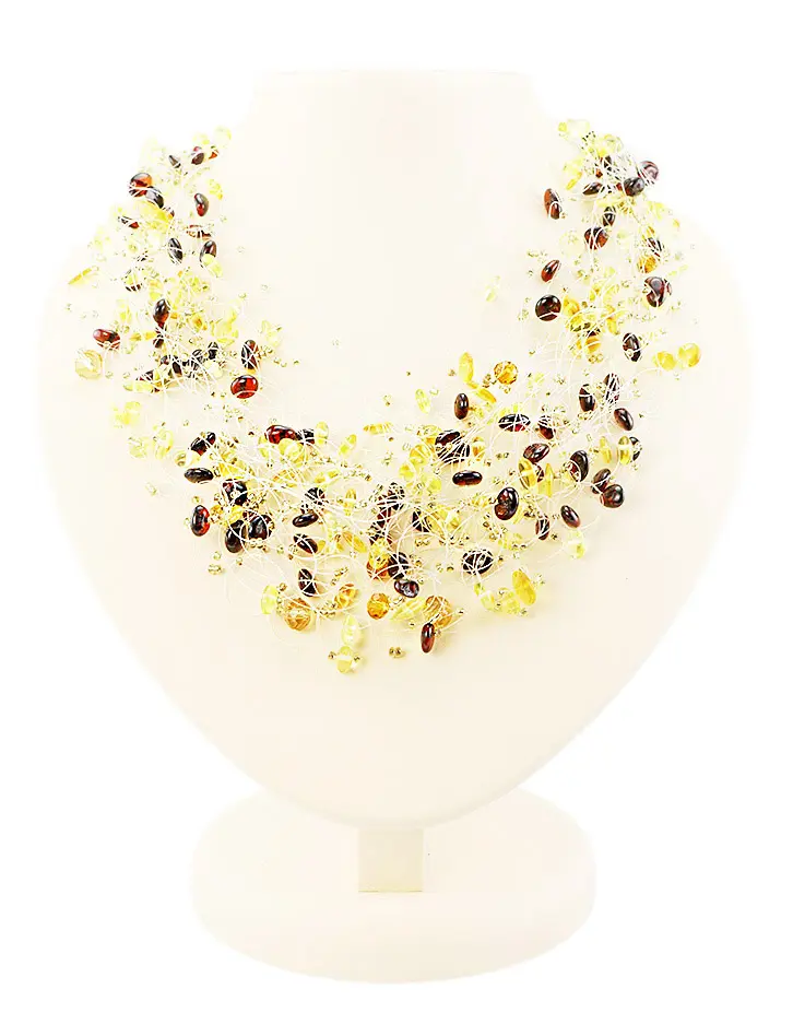 картинка Колье из натурального янтаря и бисера вишневого и лимонного цветов «Паутинка» в онлайн магазине