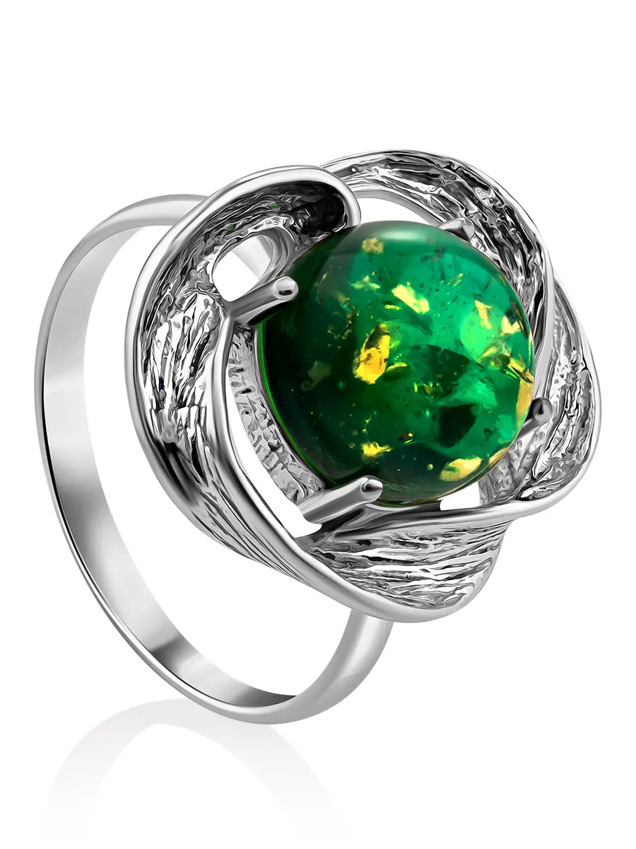 картинка Эффектное кольцо из серебра и янтаря изумрудного оттенка «Синтра» в онлайн магазине