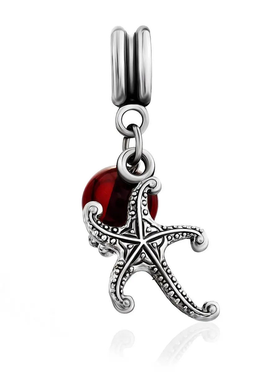 картинка Изысканный шарм для модульного браслета, украшенный бусиной из вишнёвого янтаря «Морская звезда» в онлайн магазине