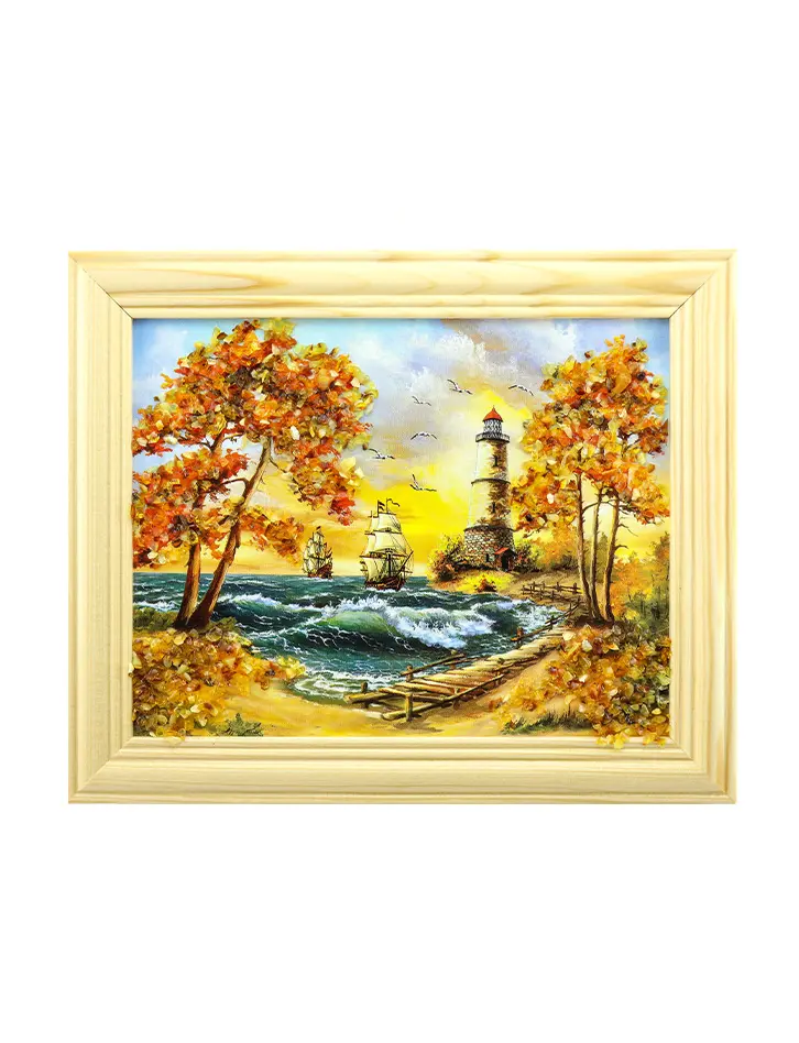 картинка «Парусники и маяк». Небольшая горизонтальная картина, украшенная янтарем в онлайн магазине