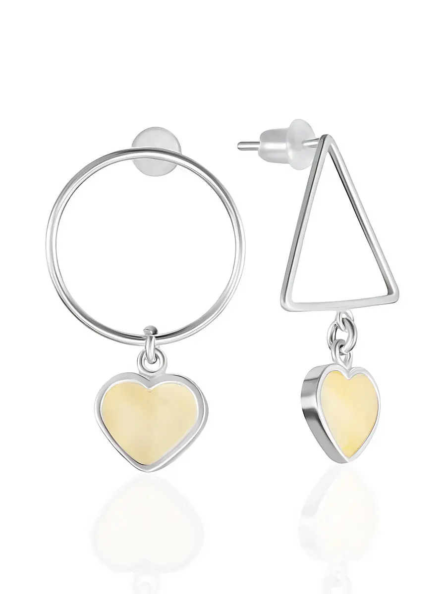 картинка Стильные асимметричные серьги «Сердце» из серебра и янтаря в онлайн магазине