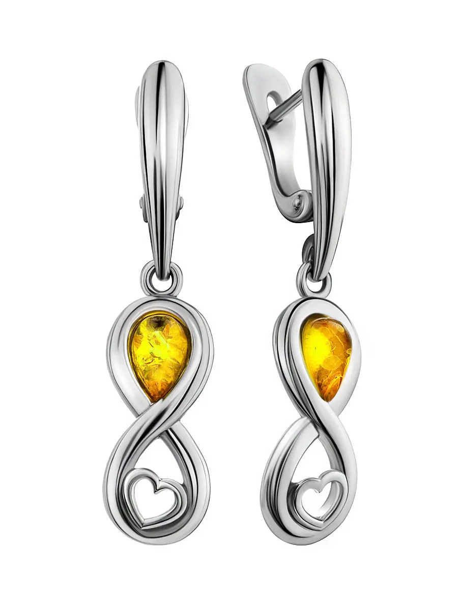 картинка Удлинённые серьги «Амур» из серебра с натуральным янтарём лимонного цвета в онлайн магазине