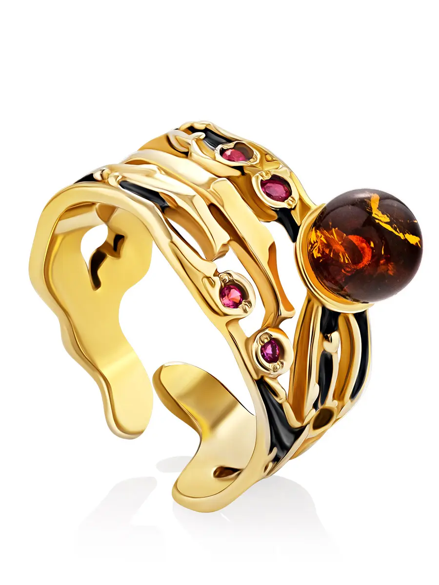 картинка Очаровательное яркое кольцо «Попугайчик» из серебра с золочением и натурального янтаря в онлайн магазине