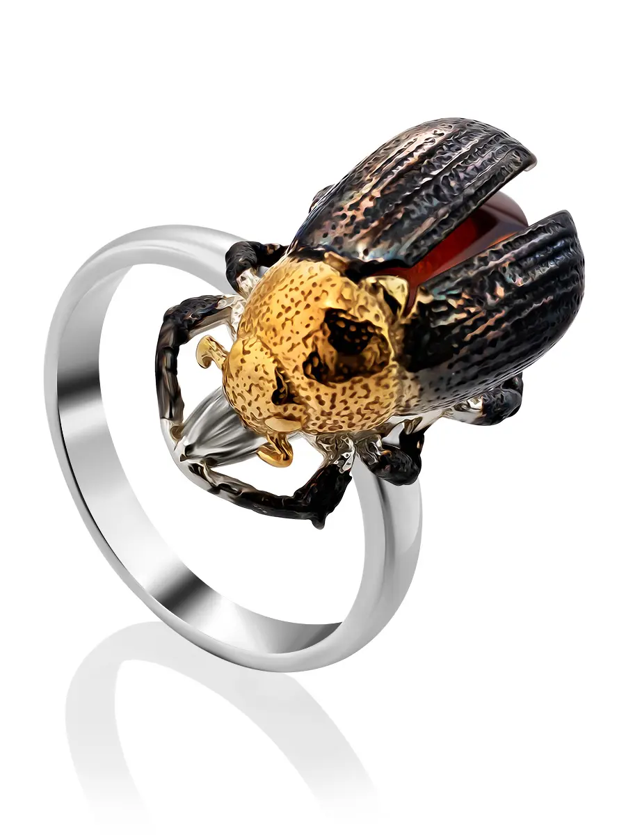 картинка Стильное кольцо «Скарабей» из серебра и натурального балтийского коньячного янтаря в онлайн магазине
