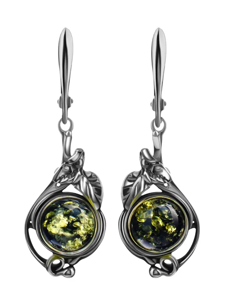 картинка Красивые серьги «Сильвия» из серебра и натурального цельного янтаря зелёного цвета в онлайн магазине