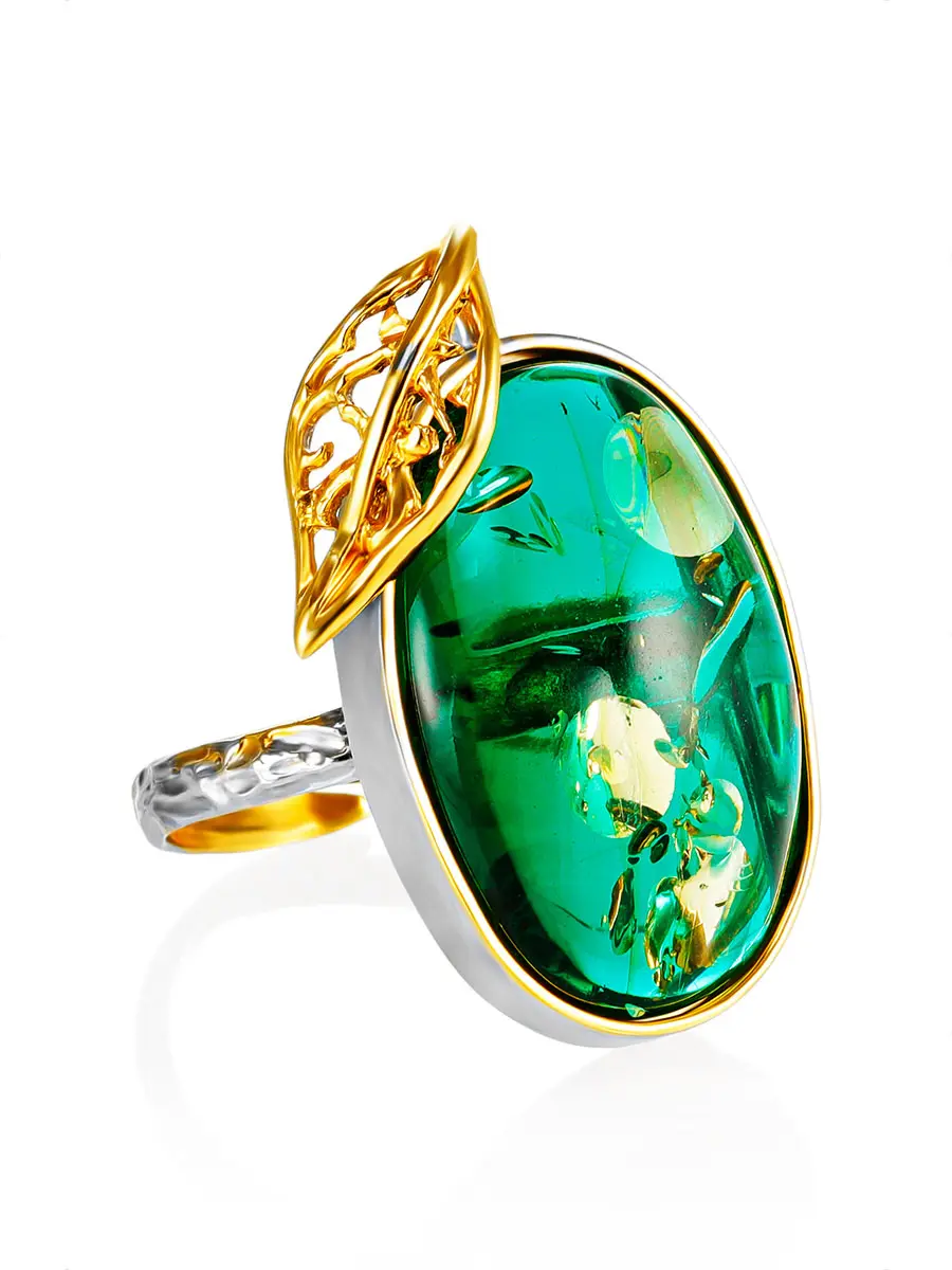 картинка Крупное яркое кольцо «Версаль» с янтарём изумрудного оттенка в онлайн магазине