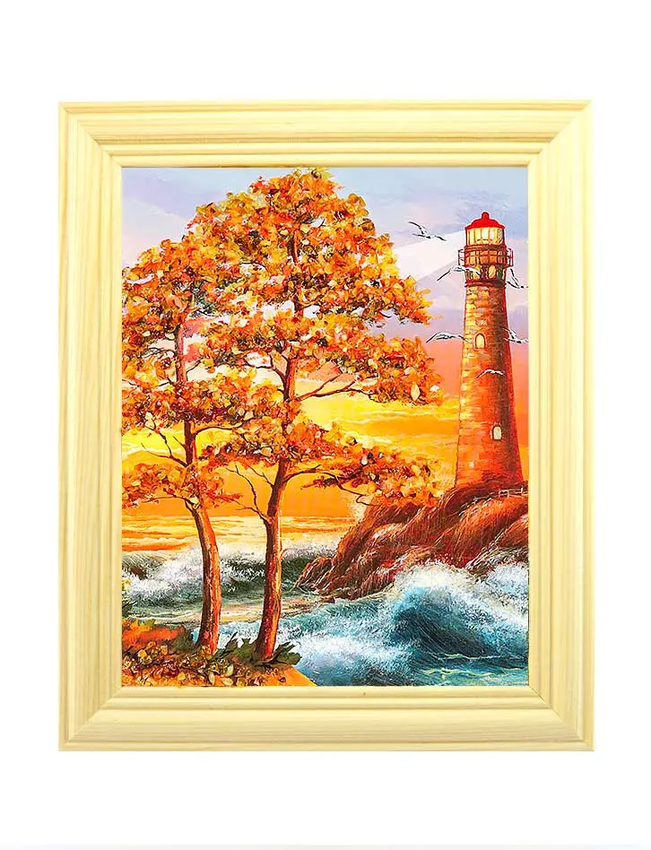 картинка Небольшая вертикальная картина с янтарём «Закат на побережье» 17 см (В) х 15 см (Ш) в онлайн магазине