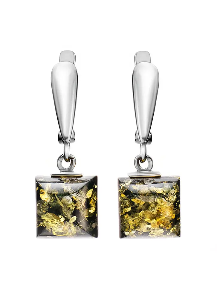 картинка Изящные серьги из серебра и янтаря зелёного цвета «Овация» в онлайн магазине