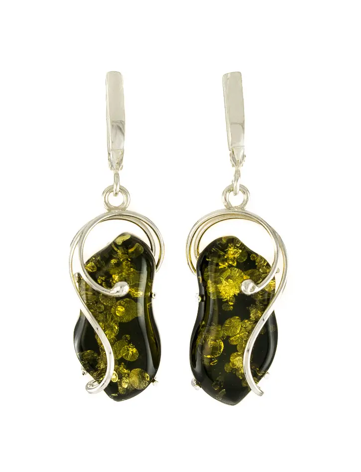 картинка Изящные серебряные серьги «Риальто» из натурального зелёного янтаря  в онлайн магазине