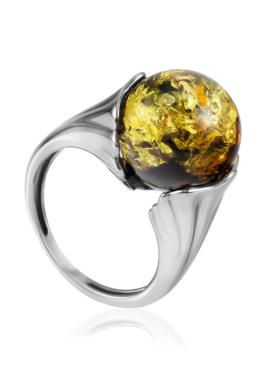картинка Красивое яркое кольцо «Глоксиния» с искрящимся зелёным янтарём в онлайн магазине