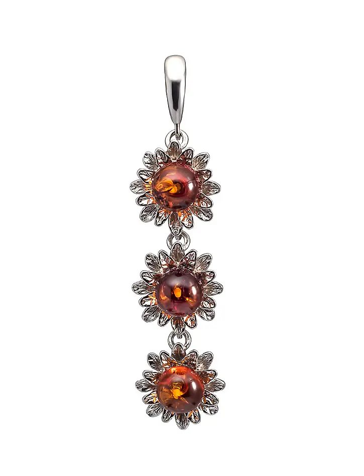 картинка Длинный нарядный кулон «Астра» из серебра и натурального вишнёвого янтаря в онлайн магазине