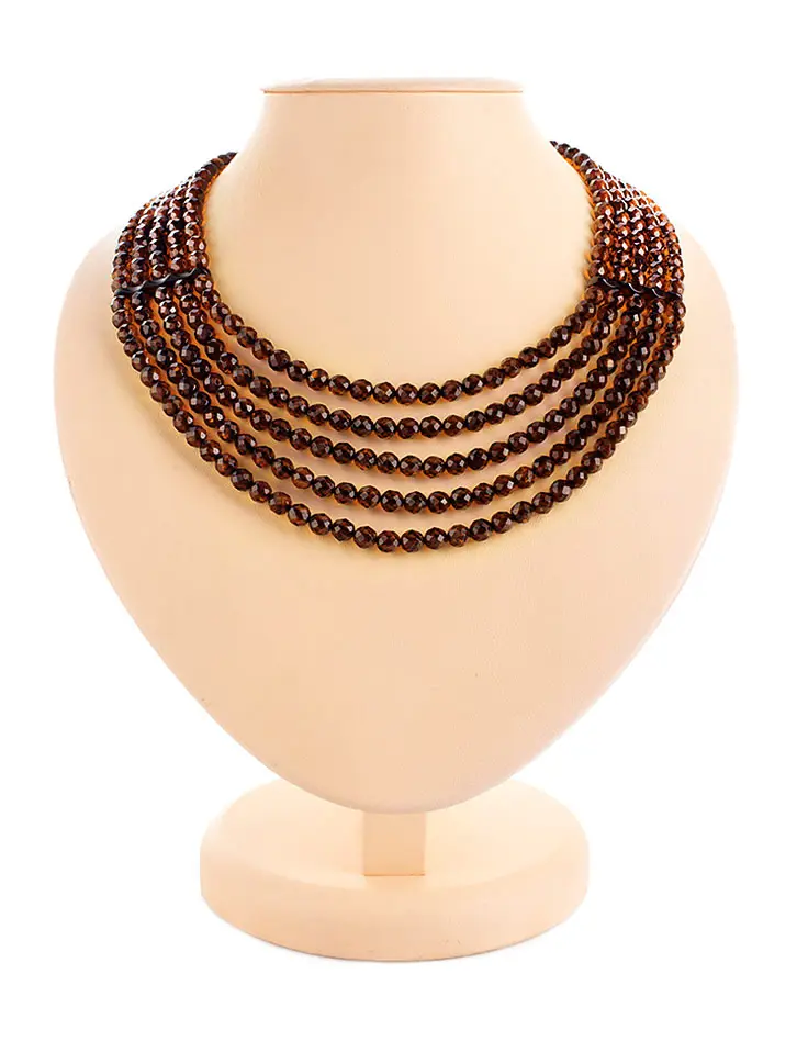 картинка Пятирядное колье из натурального янтаря «Карамель тёмно-коньячная алмазная» в онлайн магазине