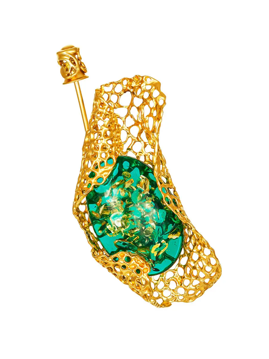 картинка Красивая ажурная брошь с натуральным янтарём изумрудного оттенка «Версаль» в онлайн магазине