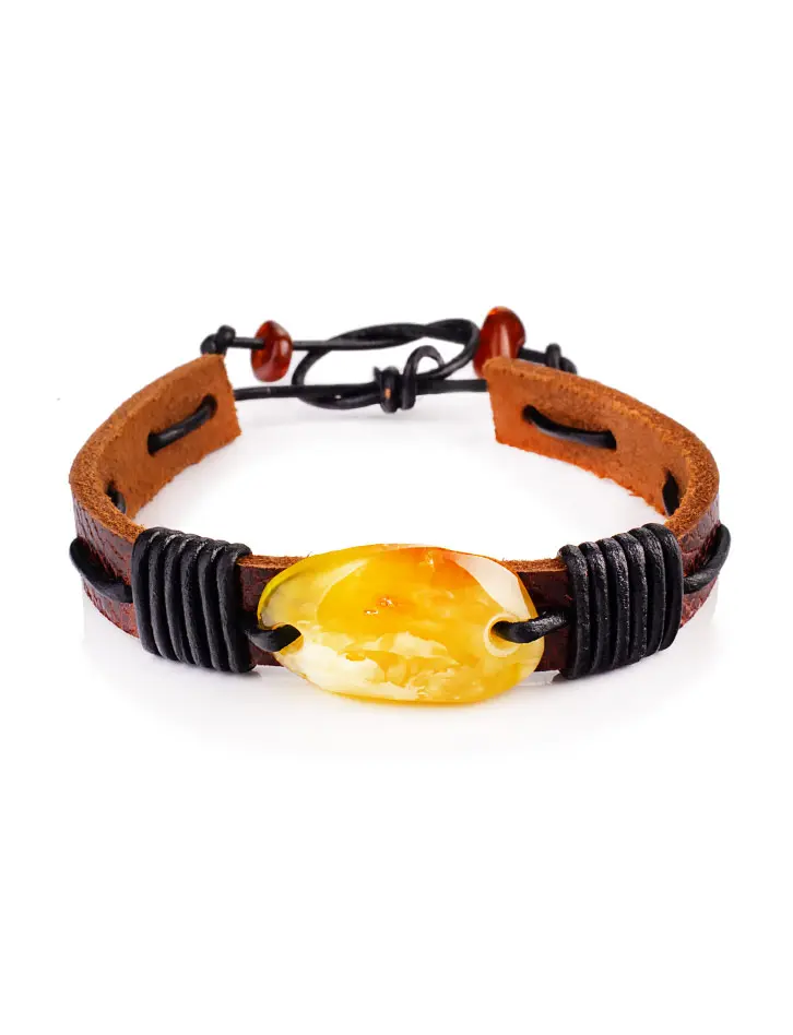 картинка Браслет из кожи с кусочком натурального медового янтаря «Копакабана» в онлайн магазине