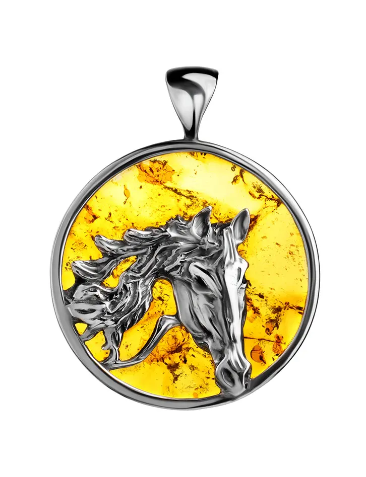 картинка Круглая подвеска из серебра и натурального янтаря «Даррелл. Лошадь» в онлайн магазине