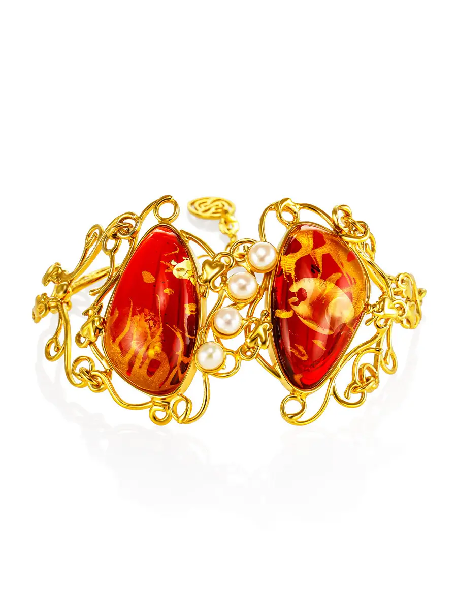 картинка Нарядный браслет «Версаль» с натуральным янтарём красного цвета в онлайн магазине