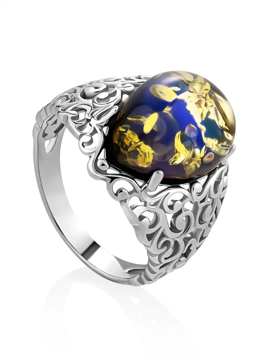 картинка Красивое яркое кольцо из серебра и искрящегося синего янтаря «Луксор» в онлайн магазине