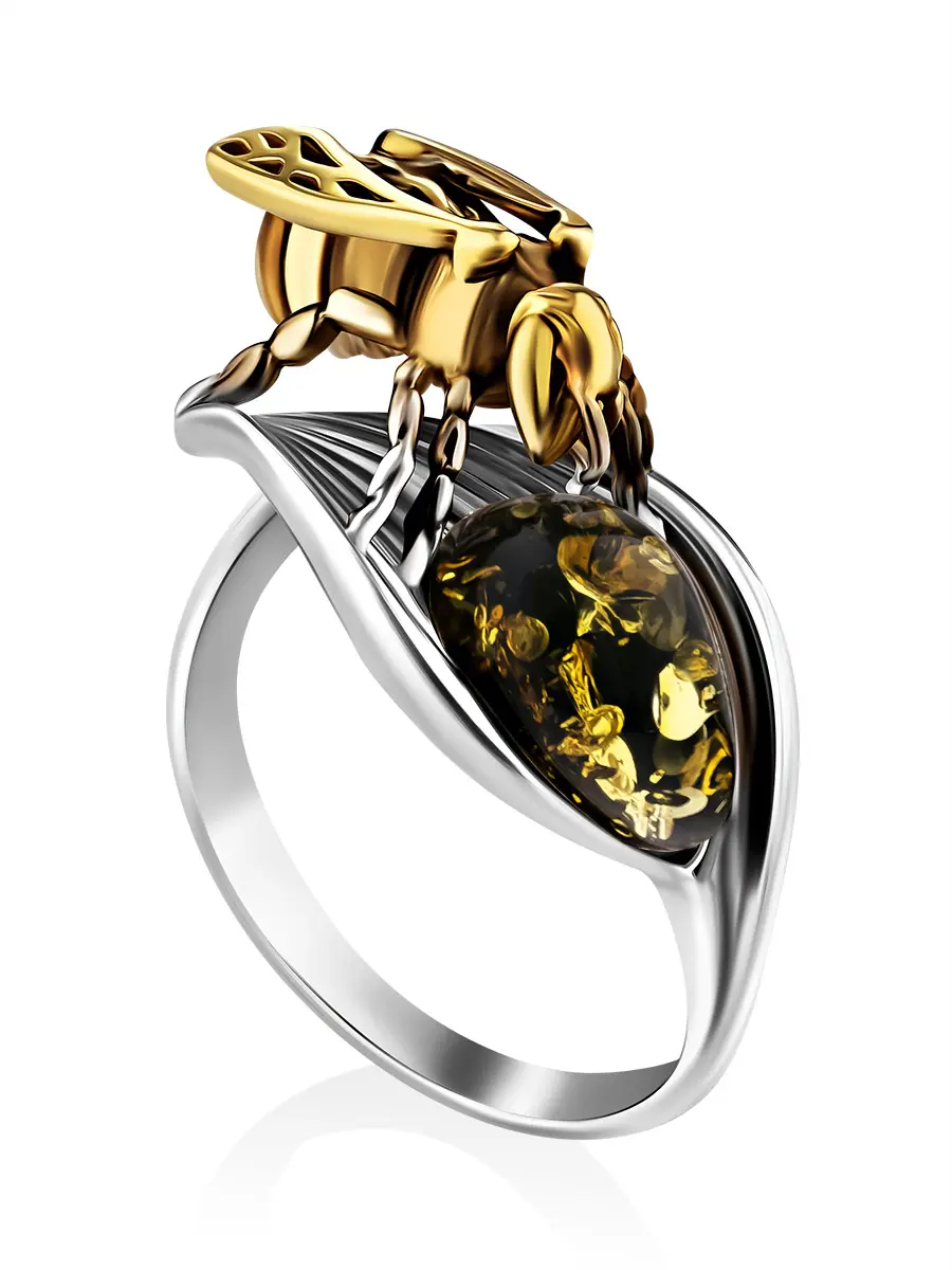 картинка Эффектное оригинальное кольцо «Медонос» из натурального зелёного янтаря с серебром в онлайн магазине